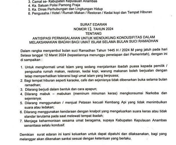 Wakil Bupati Anambas Keluarkan Edaran Larangan THM Beroperasi di Bulan Suci Ramadhan