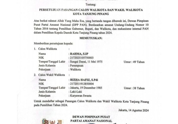 PAN Resmi Dukung Pasangan Rahma-Rizha untuk Pilwako Tanjungpinang 2024