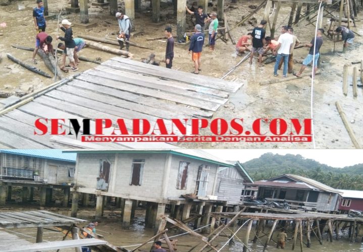 Jembatan Kayu RT 04 Desa Landak Patah Dihantam Gelombang Pasang, Warga Gotong Royong Lakukan Perbaikan Sementara