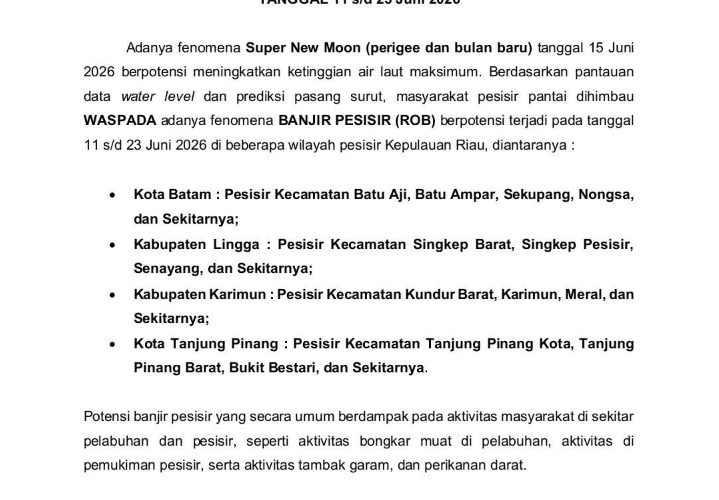 BMKG Peringatkan Potensi Banjir Rob di Tanjungpinang hingga 23 Juni 2026, Warga Pesisir Diminta Waspada